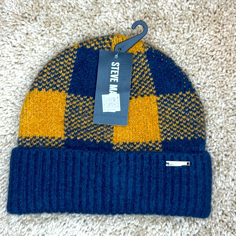 Steve Madden Women's Plaid Toboggan Beanie, Navy/Tan, One Size